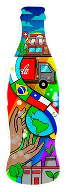 Ilustración artística de una botella de Coca-Cola con las banderas de Argentina, Brasil, Chile y Paraguay, simbolizando la unidad regional.